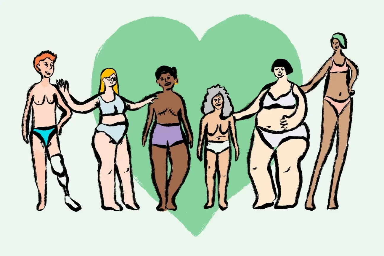 Illustrierte diverse Frauen mit unterschiedlichen Hautfarben, Größen und Behinderung stehen vor einem grünem Herz für Gendergerechtigkeit